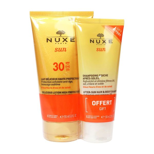 Sun lait délicieux haute protection visage corps SPF30 150ml + shampooing offert