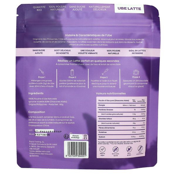 Ube Latte poudre 100% naturelle goût noisette vanille 80g